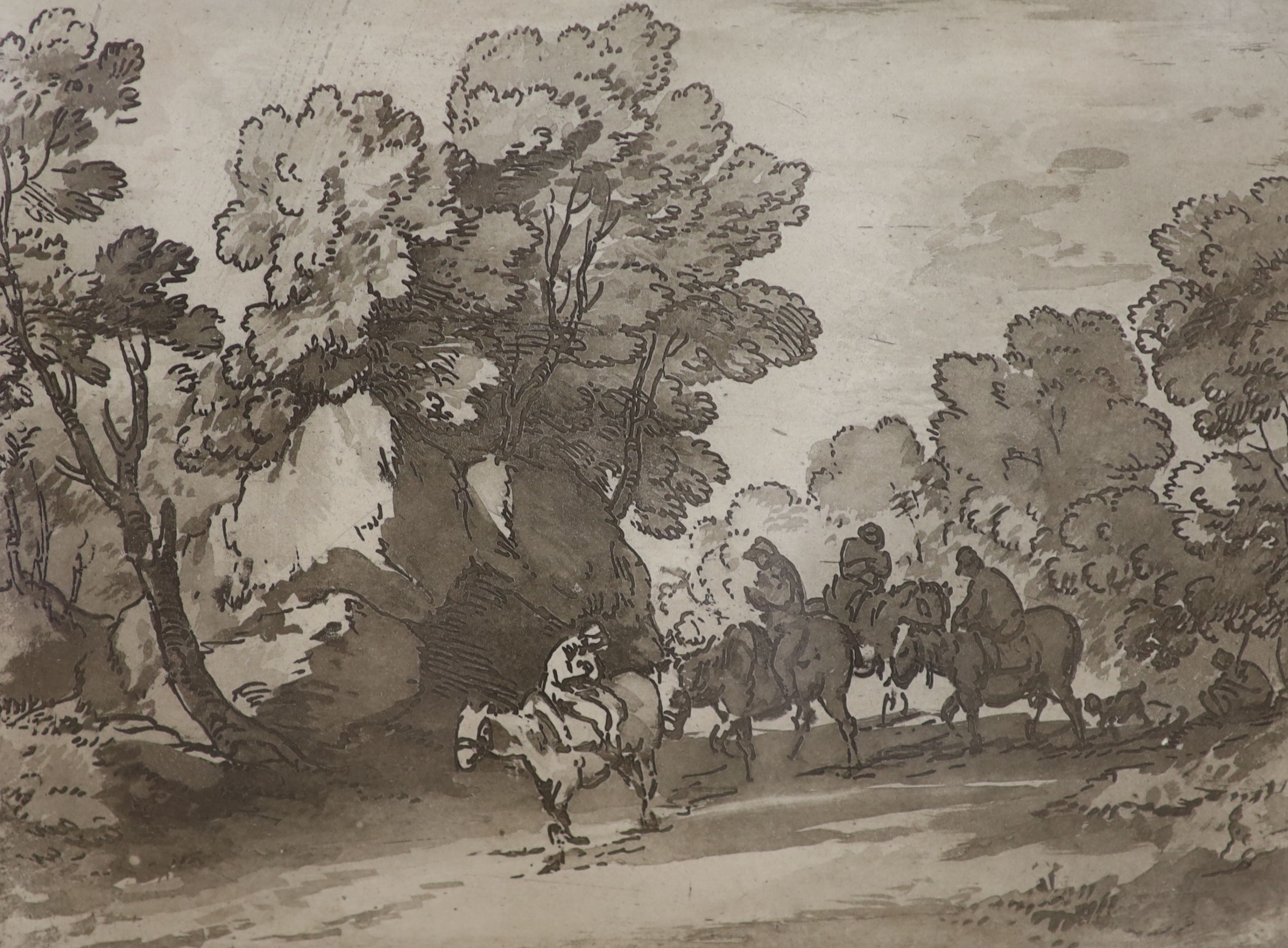 After Thomas Gainsborough, soft ground etching, Horseman on a lane, 18 x 24cm